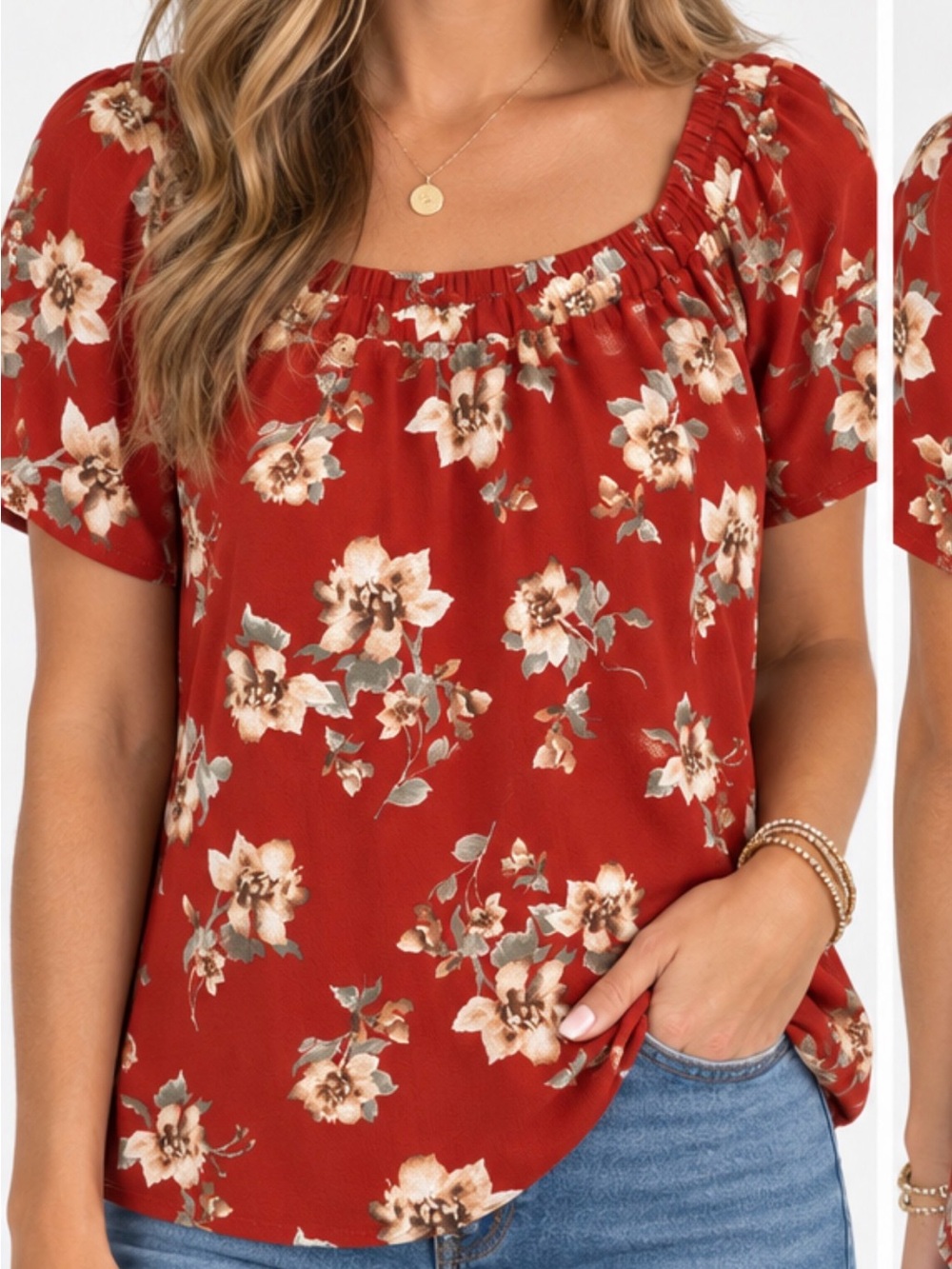 Sweet Wanderer Rust Red Floral Short Sleeve Blouse